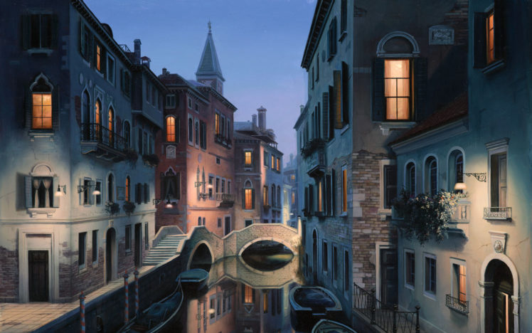 eugene, Lushpin, Painting, Lushpin, City, Venice, Italy, Canal, Gondola HD Wallpaper Desktop Background