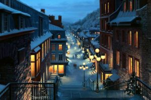 lushpin, Landscape, City, Quebec, Province, Canada, Christmas, Night, Painting