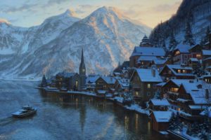 lushpin, Painting, Landscape, Austria, Alps, Mountains, Winter, Snow, House, Chapel, Lake, Boat, Mountain, Sunset, Evening, Salzburg
