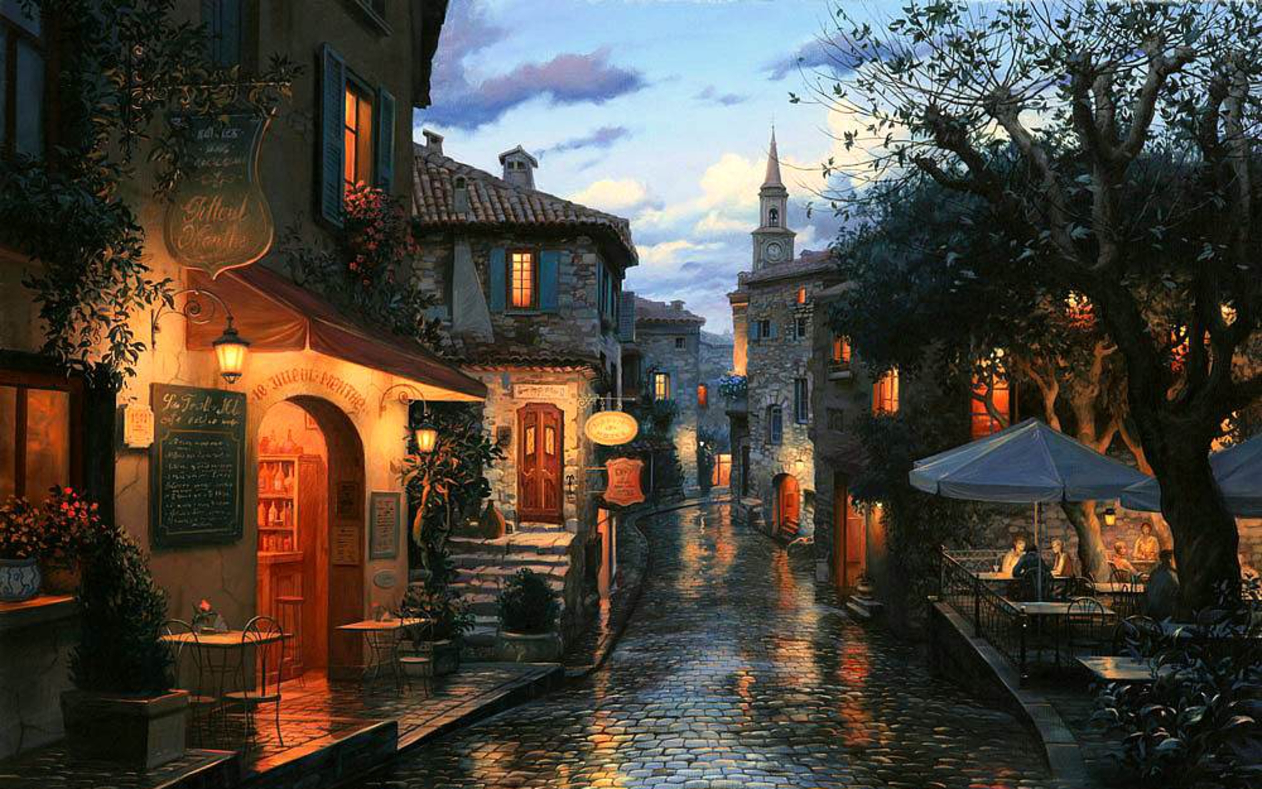 painting, Lushpin, Evening, Street, European, Playground, Cafe, Bar, Tables, Umbrellas, House Wallpaper