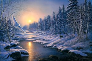 painting, Solstice, Sunset, Winter, Snow, Nature, Forest, Spruce, Birch, River, Owl, Deer