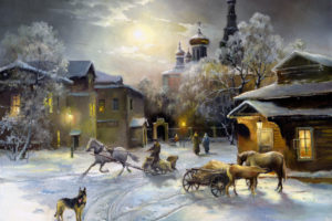 painting, Snow, Winter, , House, Window, Light, Horse, Dog, Sheep, Dog, Church, Sky