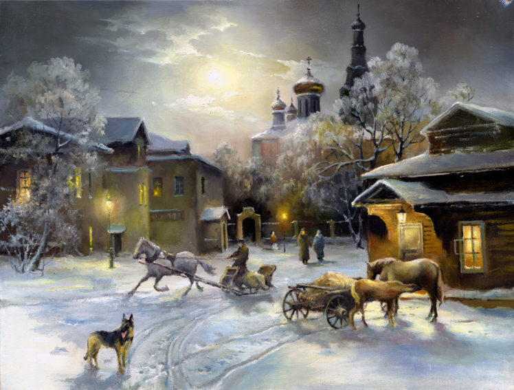 painting, Snow, Winter, , House, Window, Light, Horse, Dog, Sheep, Dog, Church, Sky HD Wallpaper Desktop Background