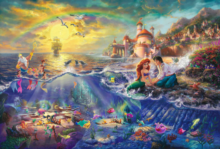 the, Little, Mermaid, Thomas, Kinkade, Painting, Disney, Princess, Ariel, Neptune, Prince, Eric, Lock, Sail, Bow, Cartoon HD Wallpaper Desktop Background