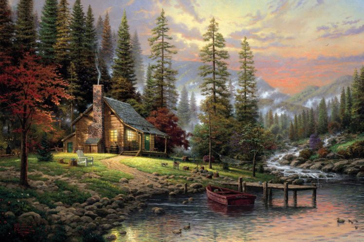 thomas, Kinkade, A, Quiet, Cozy, Home, Chair, Barrel, Fiber, Dogs, Gomak, Wood, Spruce, Mist, Mountain, River, Wooden, Bridge, Rocks, Boat, Hemp, Painting, Paintings, Drawings, Pictures, Art HD Wallpaper Desktop Background