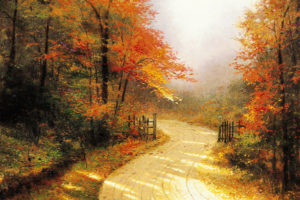 thomas, Kinkade, Art, Gold, Autumn, Road, Forest