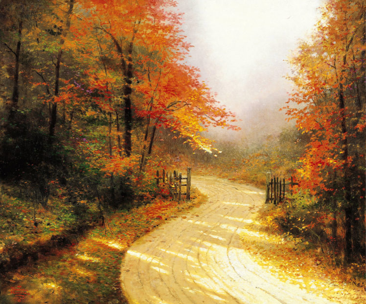 thomas, Kinkade, Art, Gold, Autumn, Road, Forest HD Wallpaper Desktop Background