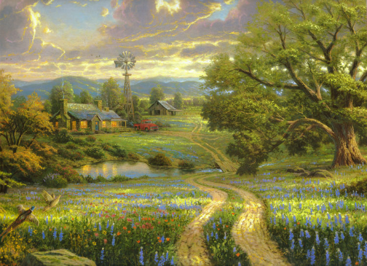 thomas, Kinkade, Painting, House, Weather, Vane, A, Large, Tree, Field, Flowers, Lake, Bridge, Wood, Machinery, Birds, Mountains, Nature HD Wallpaper Desktop Background