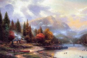 thomas, Kinkade, Mountain, House, River, Autumn, Painting