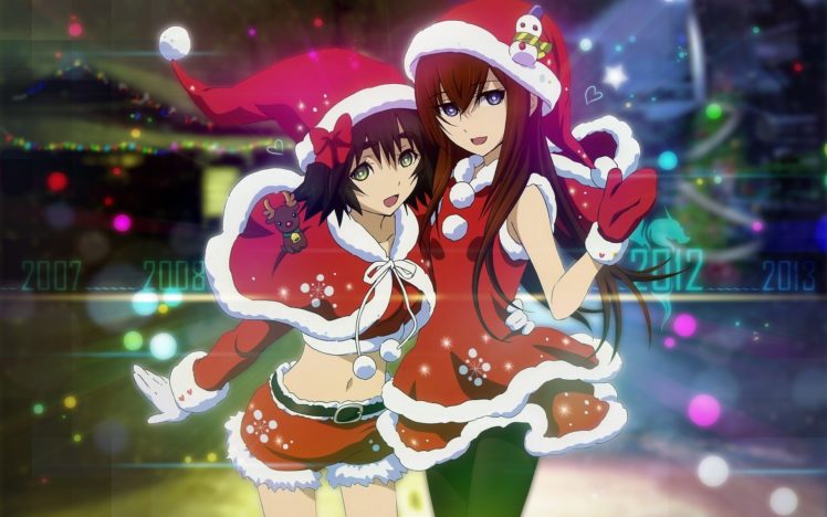 snow, Christmas, Steinsgate, Shiina, Mayuri, Makise, Kurisu, Anime, Girls, Santa, Outfit HD Wallpaper Desktop Background