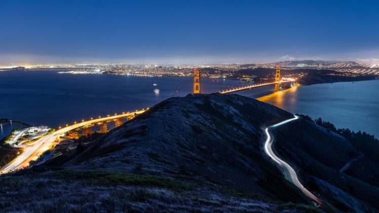 night, Lights, Usa, Golden, Gate, Bridge, California, San, Francisco, Rivers HD Wallpaper Desktop Background