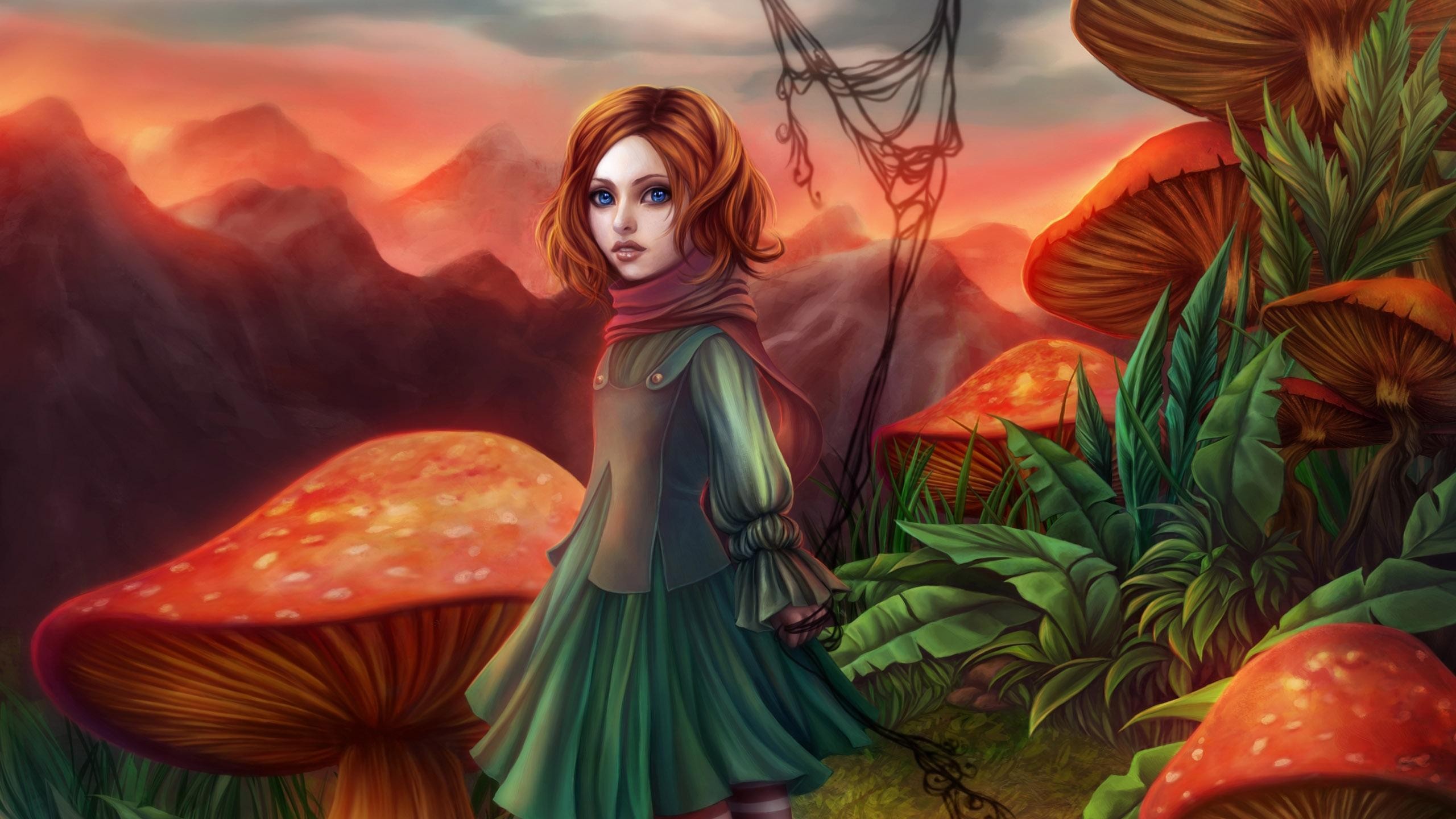 mountains, Blue, Eyes, Mushrooms, Plants, Fantasy, Art, Artwork, Scarfs, Orange, Hair Wallpaper