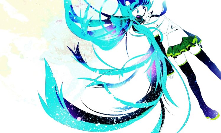 headphones, Vocaloid, White, Hatsune, Miku, Long, Hair, Thigh, Highs, Twintails, Aqua, Eyes, Aqua, Hair, Anime, Girls HD Wallpaper Desktop Background