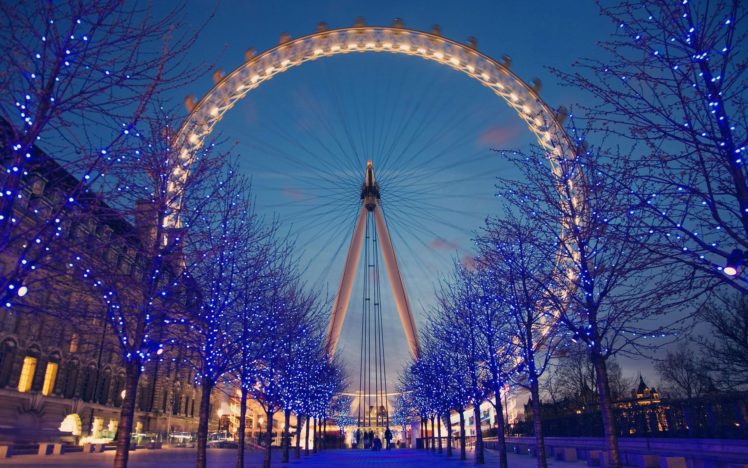 trees, London, Buildings, London, Eye, Ferris, Wheels, United, Kingdom, Christmas, Lights HD Wallpaper Desktop Background
