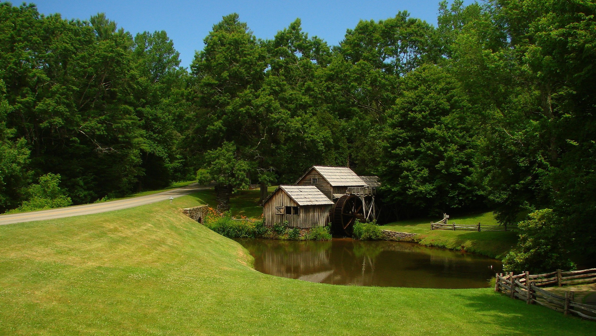 field, Road, River, Bridge, Water, Mill, Forest, Trees, Landscape Wallpaper