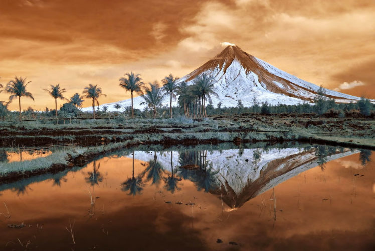 landscape, Nature, Trees, Mountain, Mount, Mayon, Philippines, Luzon, Reflection, Volcano HD Wallpaper Desktop Background