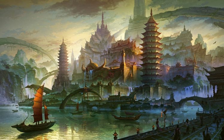 fantasy, Cities, Asian, Oriental, Architecture, Cg, Paintings, Digital art HD Wallpaper Desktop Background