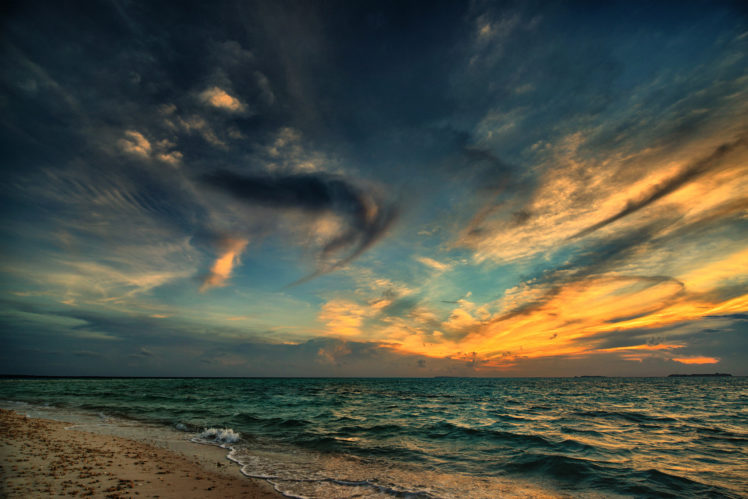 sunset, Beach, Sea, Evening, Clouds HD Wallpaper Desktop Background