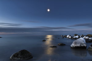 water, Reflection, Light, Moon, Rocks, Sea