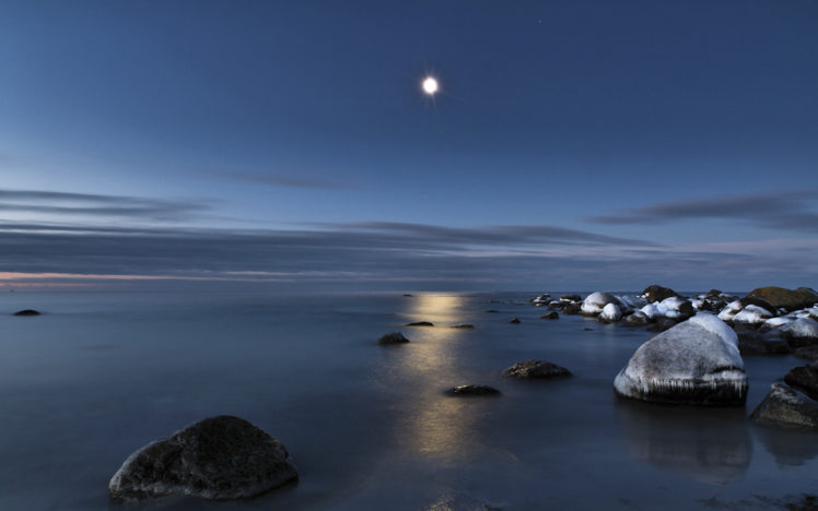water, Reflection, Light, Moon, Rocks, Sea HD Wallpaper Desktop Background