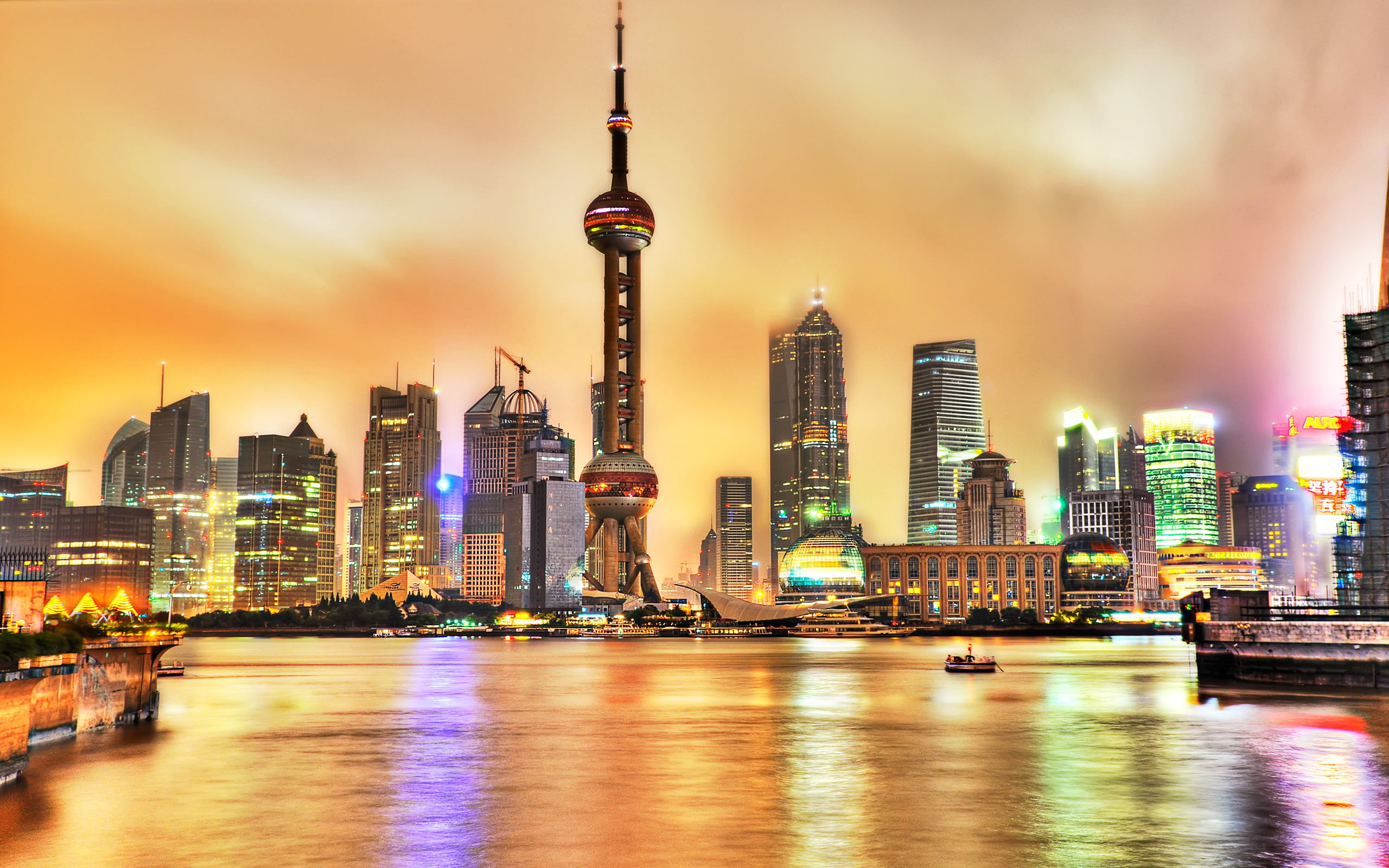 shanghai, China, Cities, Cityscapes, Architecture, Buildinds, Skyscrapers, Hdr, Reflection, Water, Sky, Clouds, Night, Lights Wallpaper