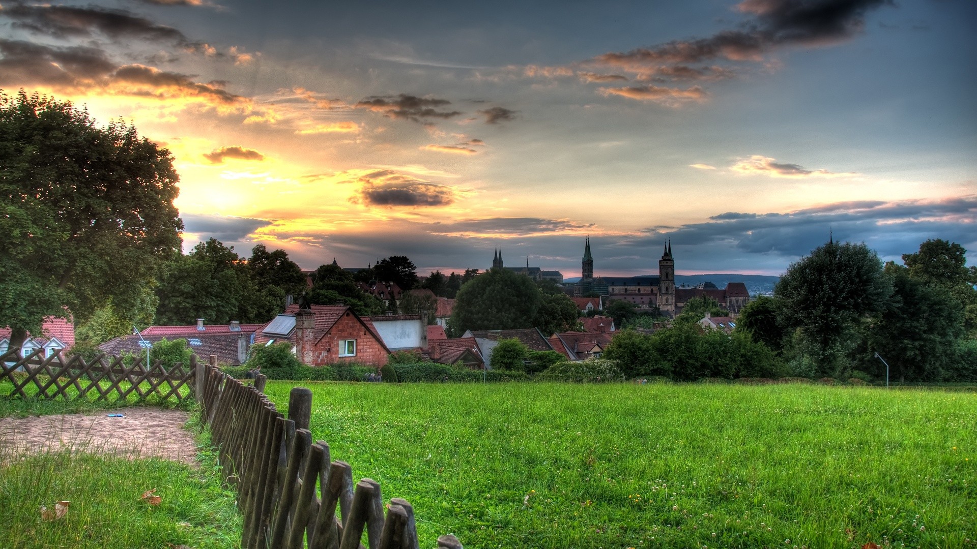 sunset, Clouds, Landscapes, Nature, Grass, Houses Wallpaper