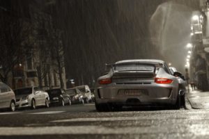 streets, Night, Rain, Cars, Silver, Belgium, Porsche, 911, Gt3