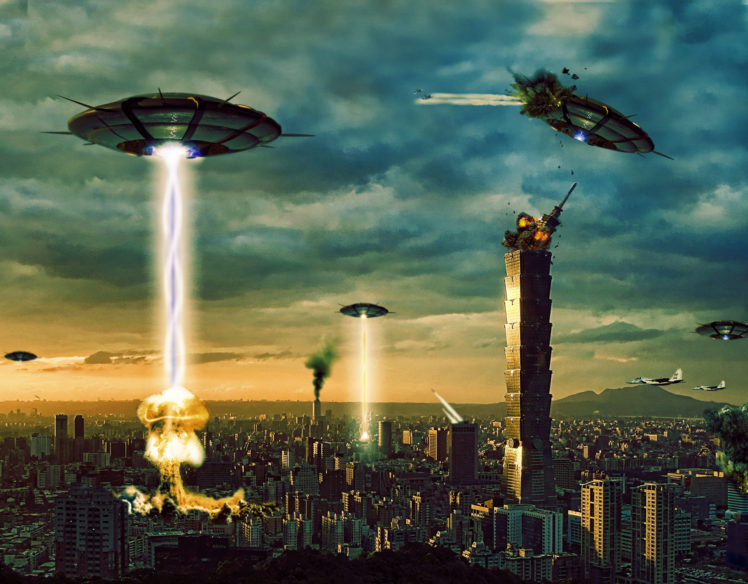 spaceships, Spacecrafts, Sci fi, Science fiction, Battles, Wars, Invasions, Aliens, Ufo, Vehicles, Cities, Architecture, Buildings, Skyscrapers, Cg, Digital art, Manipulations, Destruction, Fire, Flames HD Wallpaper Desktop Background