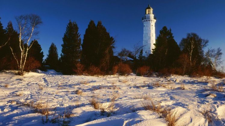 snow, Lighthouses, Islands, Wisconsin, Lake, Michigan, Doors HD Wallpaper Desktop Background