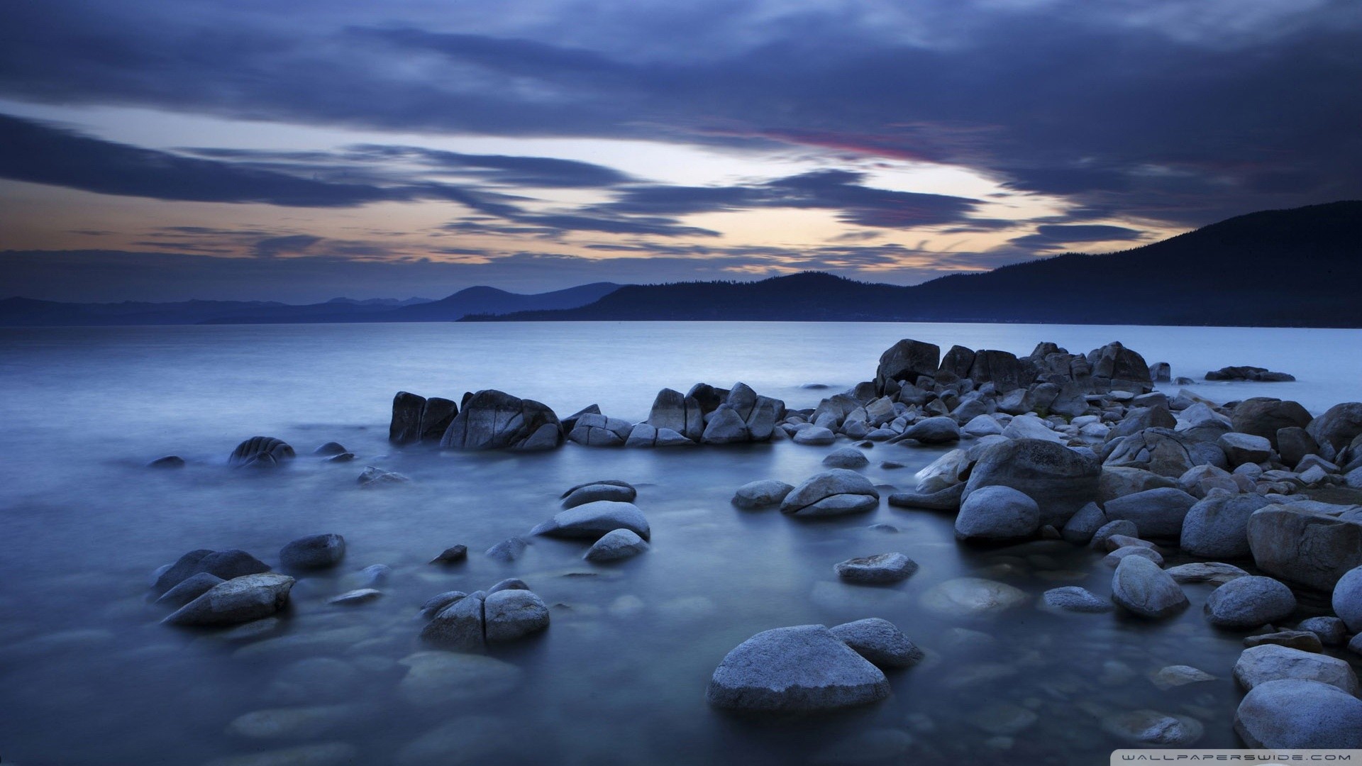 water, Rocks, Evening Wallpaper