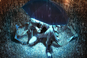 umbrella, Umbrellas, Anime, Rain, Dark, Night, Water drops, Lights, Cg, Digital art, Original