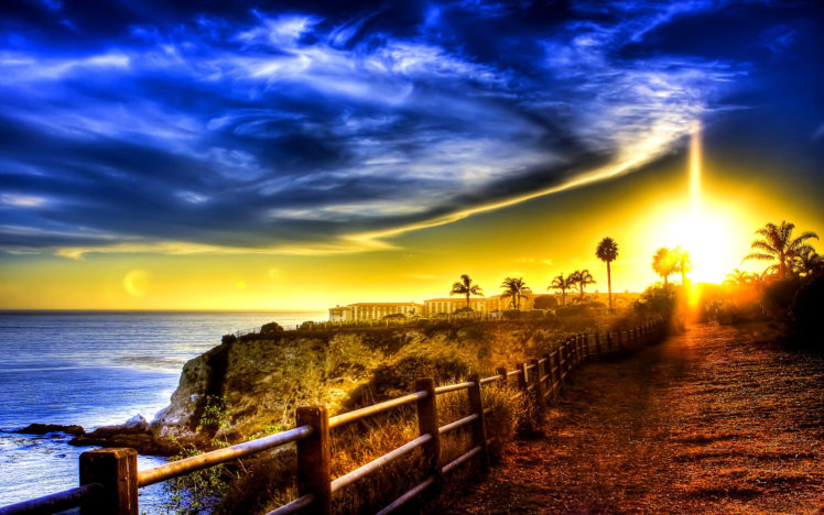 hdr, Roads, Pathways, Skies, Clouds, Oceans, Sea, Water, Sunsets, Sunrises HD Wallpaper Desktop Background