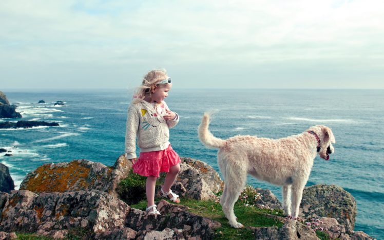 water, Nature, Waves, Animals, Dogs, Rocks, Pets, Little, Girl, Blue, Skies, Sea HD Wallpaper Desktop Background