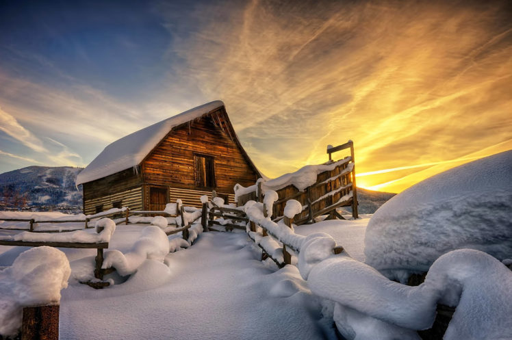 landscape, Winter, Snow, Rasvet, House HD Wallpaper Desktop Background