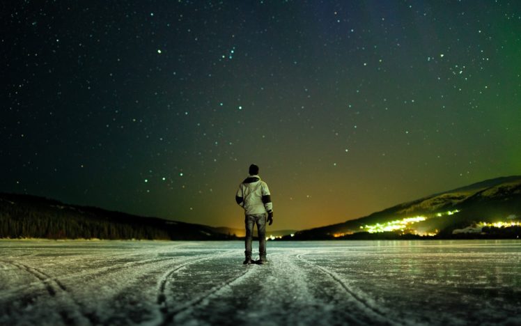 night, Stars, Man, Ice, Lake, Winter HD Wallpaper Desktop Background