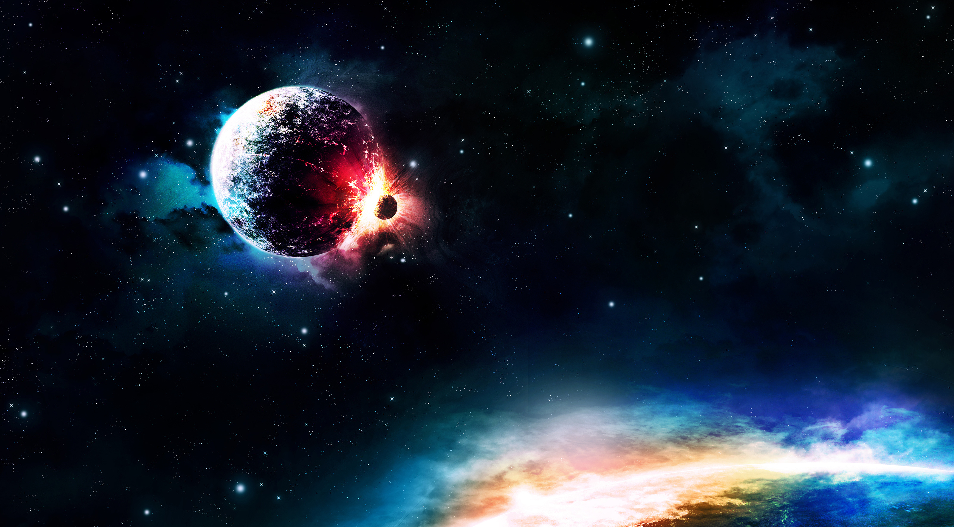 colors, Sci fi, Collision, Planet, Light, Stars Wallpaper