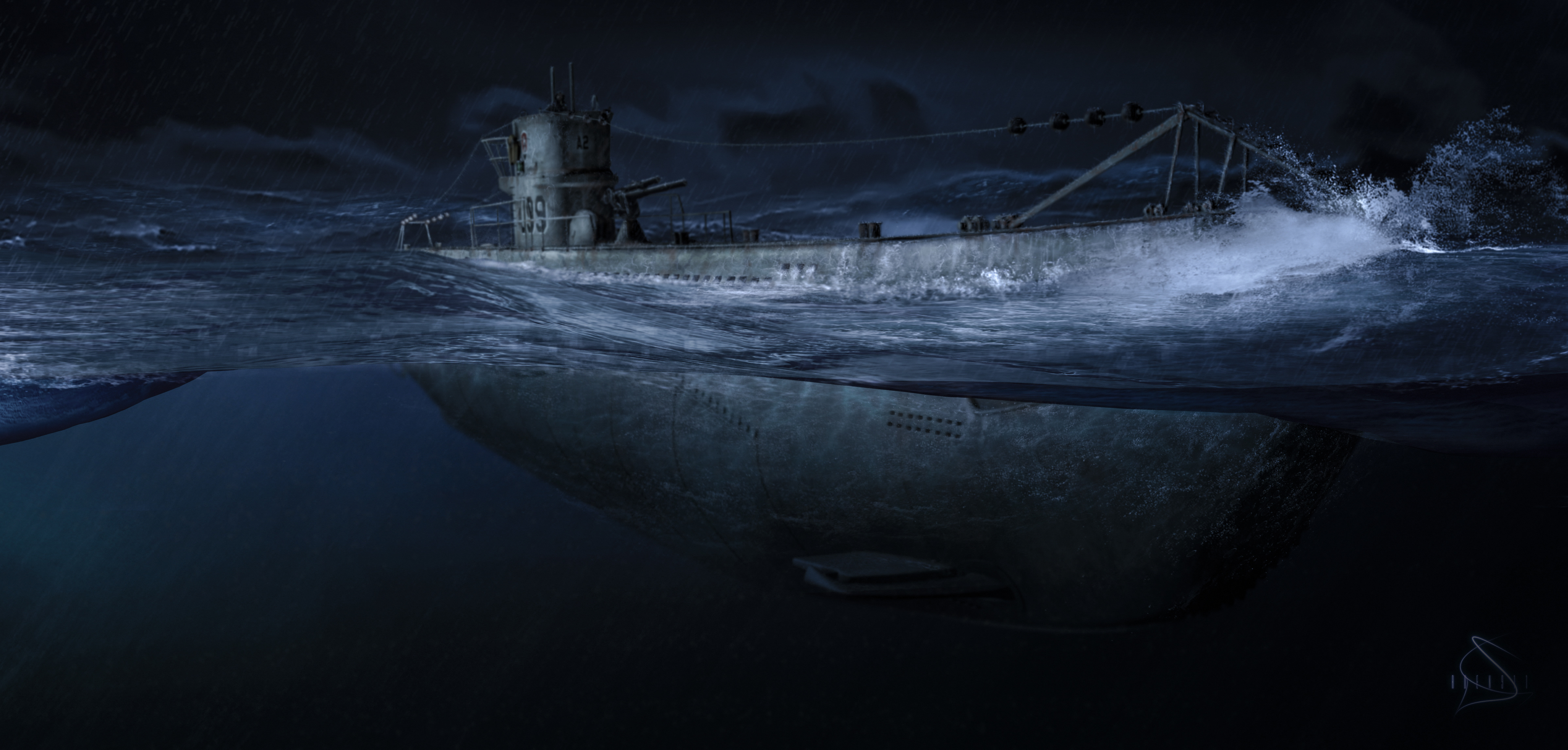 ocean, Night, Submarine, Art, Military Wallpaper