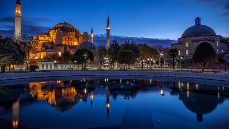 istanbul, Turkey, City, Evening, Mosque, Fountain, Reflection HD Wallpaper Desktop Background