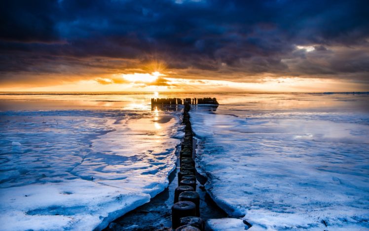 nature, Scenery, Sea, River, Water, Ocean, Ice, Winter, Sunset, Sunrise HD Wallpaper Desktop Background