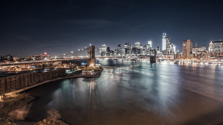 brooklyn, Bridge, Bridge, New, York, Buildings, Skyscrapers, Lights, River, Night HD Wallpaper Desktop Background
