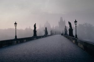castles, Autumn, Cityscapes, Fog, Mist, Bridges, Lamps, Prague, Czech, Republic, Statues, Street, Lights, Evening, Cities, Charles, Bridge