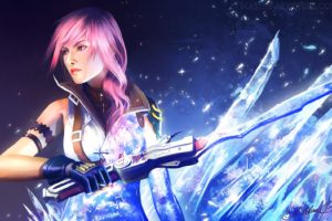 final, Fantasy, Video, Games, Blue, Gloves, Blue, Eyes, Lips, Long, Hair, Weapons, Pink, Hair, Final, Fantasy, Xiii, Crystals, Artwork, Claire, Farron, Signatures, Swords
