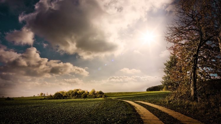 clouds, Landscapes, Trees, Fields, Lane HD Wallpaper Desktop Background
