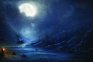 assassins creed, Assassins, Creed, Dark, Fantasy, Ships, Shipwrecks, Night, Fire, Flames, Mood, Landscapes, Video games, Digital art, Paintings, Skies, Moons, Clouds