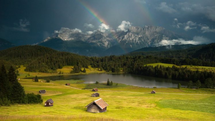 mountains, Trees, Forests, Rainbows, Lakes HD Wallpaper Desktop Background