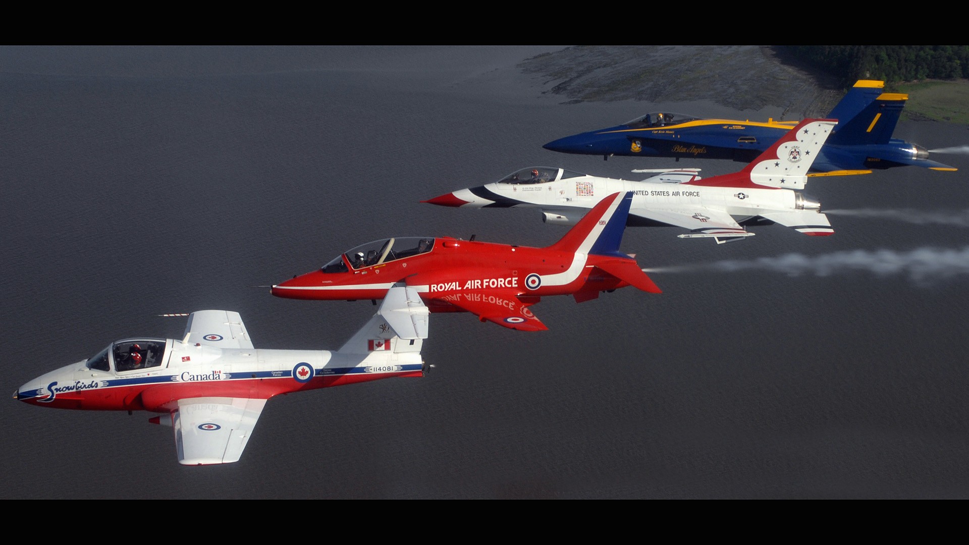 airplanes, Blue, Angels, All, Together, Widescreen, Stunt, Flying, Snowbirds, Thunderbirds, Royal, Knights Wallpaper