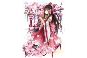 brunettes, Video, Games, Touhou, Cherry, Blossoms, Flowers, Long, Hair, Brown, Eyes, Miko, Hakurei, Reimu, Bows, Red, Dress, Japanese, Clothes, Simple, Background, Detached, Sleeves, Branches, White, Background,