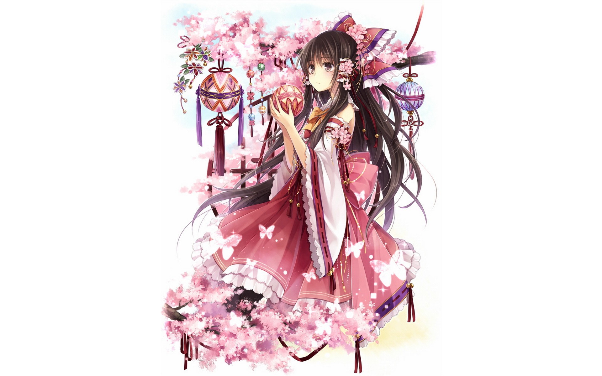 Brunettes Video Games Touhou Cherry Blossoms Flowers Long Hair Brown Eyes Miko