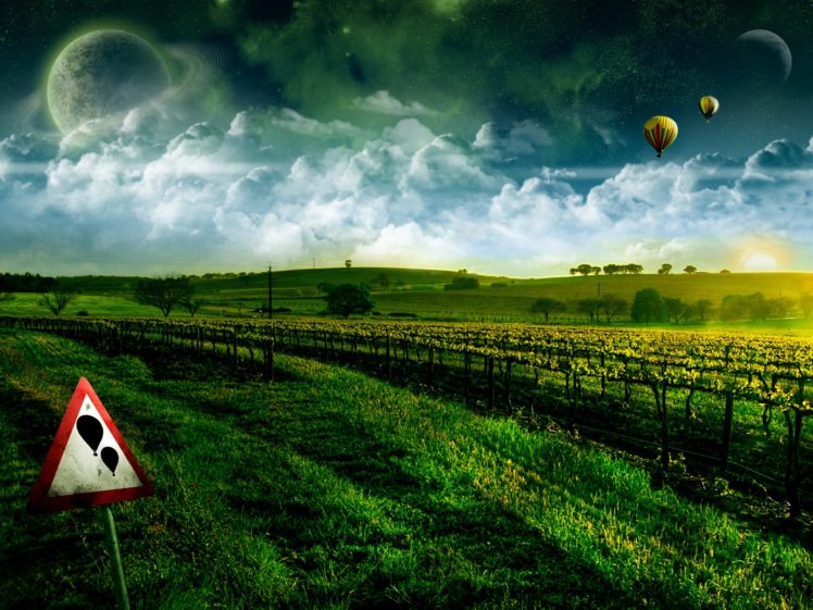 landscapes, Planets, Signs, Hot, Air, Balloons, Green, Fiel HD Wallpaper Desktop Background