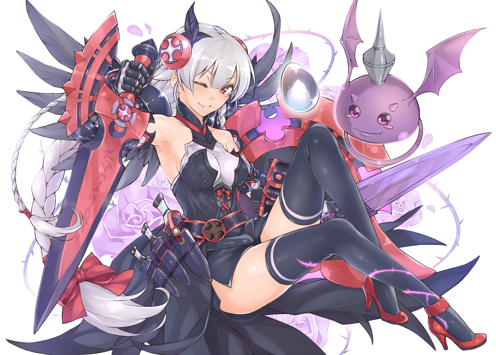 puzzle, And, Dragons, Gray, Hair, Makita,  twosidegekilove , Puzzle, And, Dragons, Sword, Tagme, Thighhighs, Weapon, Wink Wallpaper
